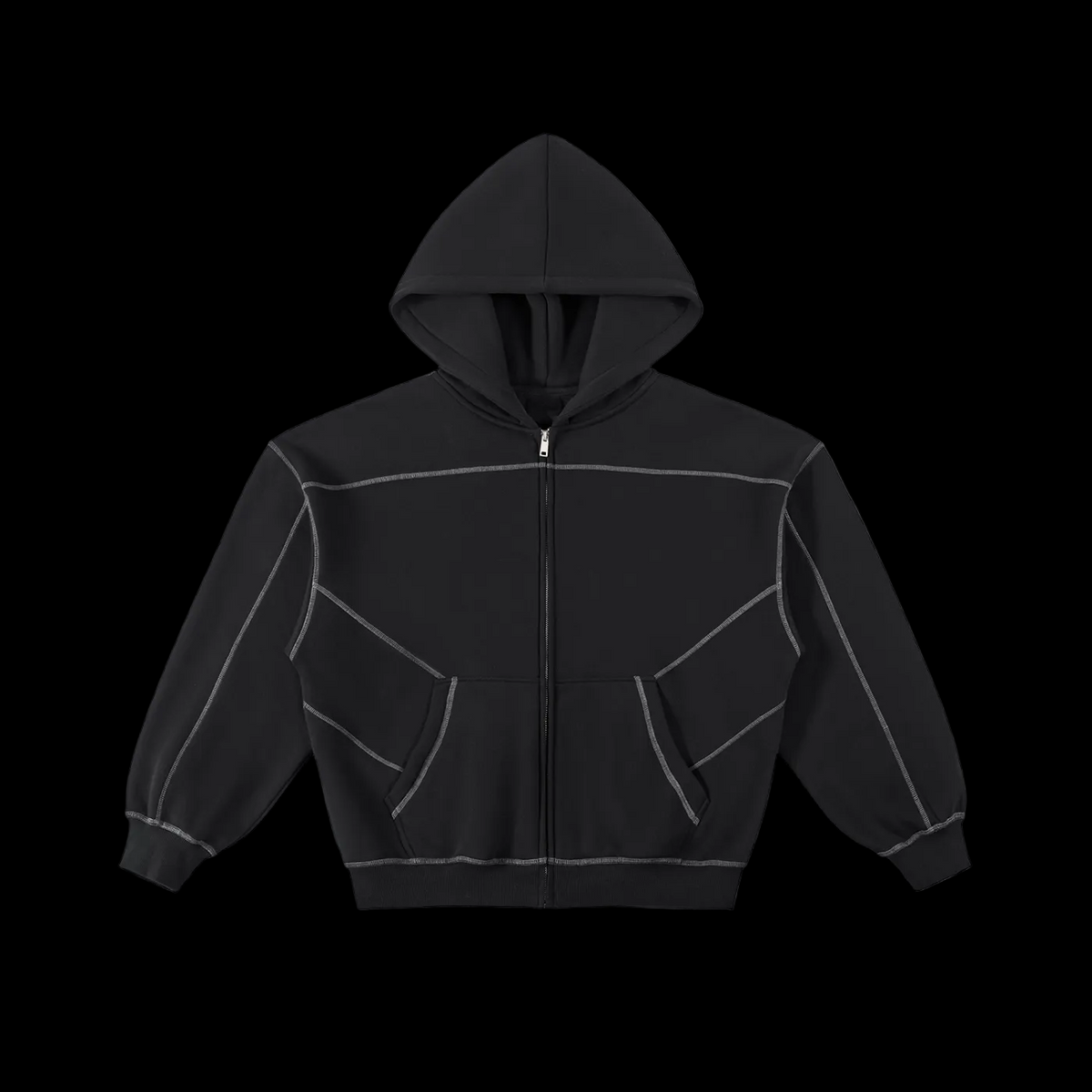 Basic Contrast-Stitched Boxy Fleece Zip Hoodie
